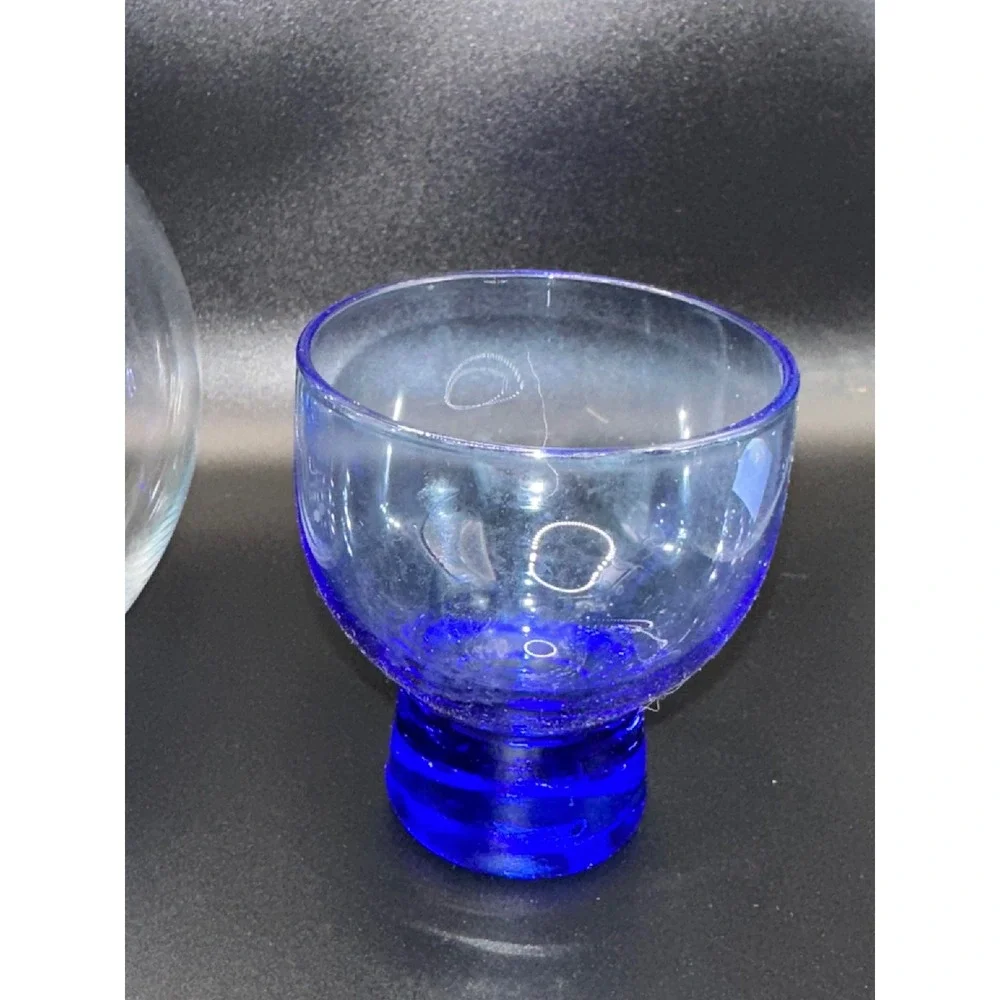 Handmade Japanese Glass Sake Set Decanter with Ice Pocket and 2 Blue Cups